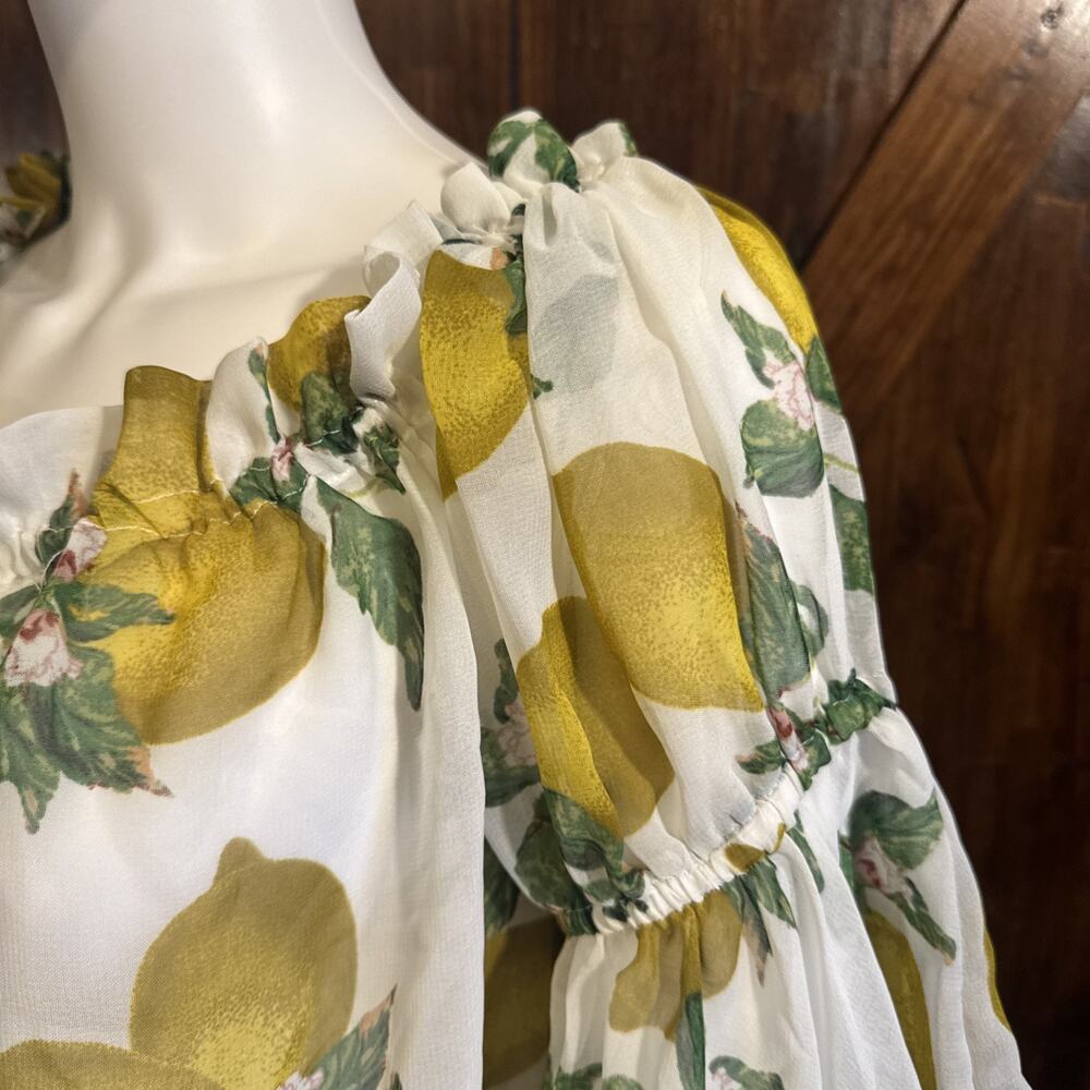 Ashley Stewart Sheer Lemon Print Off Shoulder Blouse Top 14/16 Plus Flowy Sleeve - Picture 6 of 10
